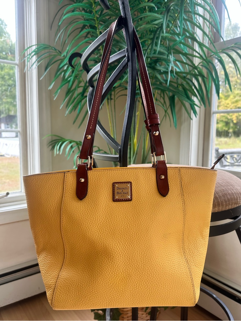 Dooney & Bourke Mustard Yellow Pebble Leather Tote with Brown Straps